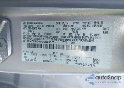 2016 Ford Escape Se z USA, uszkodzony, nr VIN 1FMCU9G93GUB01171